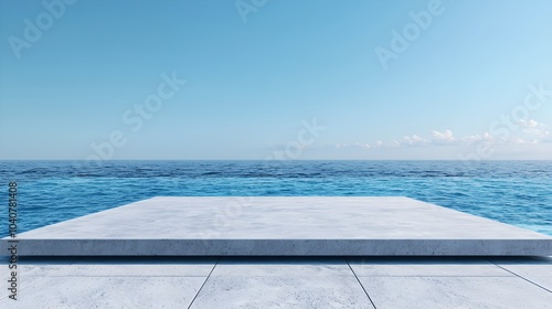 Minimalist empty concrete floor, smooth gray wall, 3D render, ocean horizon view, vibrant blue sky, modern architectural design, soft natural lighting