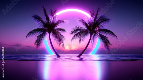 Close-up of palm trees in silhouette, glowing holographic sunset, futuristic colors, iridescent sky, sci-fi aesthetic, digital rendering