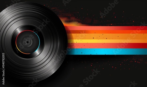 Retro Vinyl Record Poster with Colorful Stripes on Black Background photo