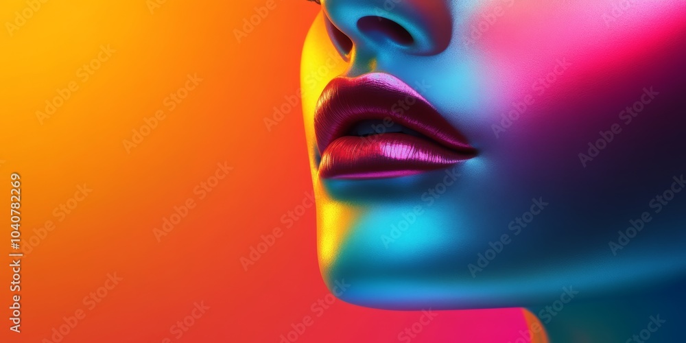 Stylized colorful face highlighting luscious lips and a sleek nose set against a vibrant gradient background