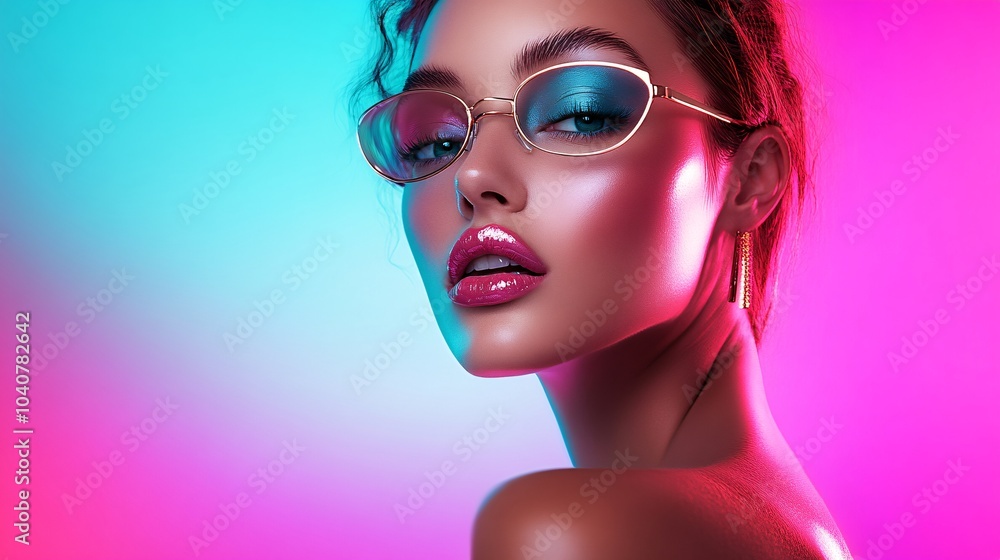 Close-up of a fashion model wearing blue sunglasses, against a pink background with neon lights. Close-up of a fashion model wearing blue sunglasses, against a pink background with neon lights.
