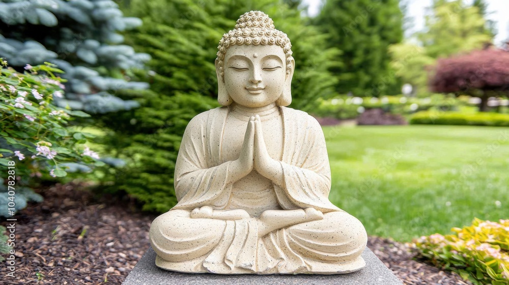 Serene Buddha Statue in Idyllic Garden Landscape with Tranquil Pond Serene Buddha Statue in Idyllic Garden Landscape with Tranquil Pond
