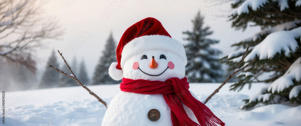 Fototapeta premium Snowman wearing santa hat and smiling in snowy forest