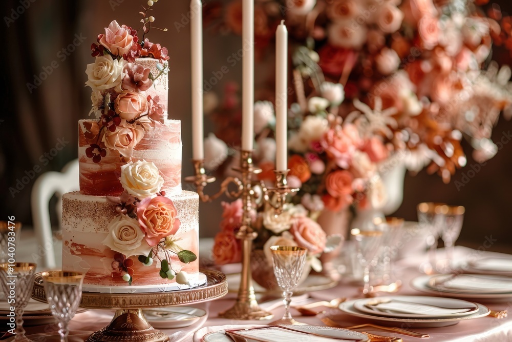 Elegant Three-Tiered Wedding Cake with Floral Decorations Elegant Three-Tiered Wedding Cake with Floral Decorations