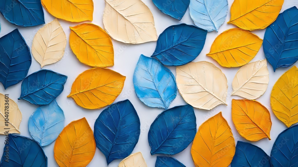 Intricate leaf motifs in vivid blue and yellow hues, isolated on a white canvas, textured background, botanical textures, fine art prints Intricate leaf motifs in vivid blue and yellow hues, isolated on a white canvas, textured background, botanical textures, fine art prints