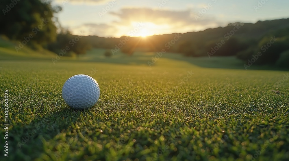 Golfer's powerful tee shot, ball flying towards camera, blended with a ball on the pin in soft golden light, dramatic energy on green landscape Golfer's powerful tee shot, ball flying towards camera, blended with a ball on the pin in soft golden light, dramatic energy on green landscape