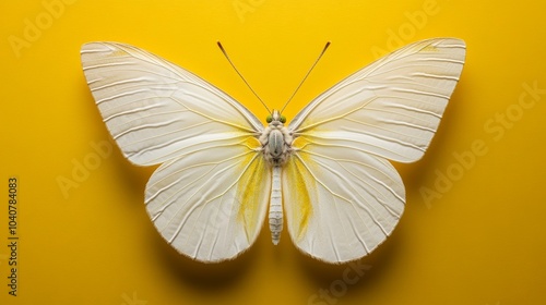 Overhead view of a butterfly's radiant wings, isolated on white, with a gentle yellow background, highlighting nature's vibrant and delicate design