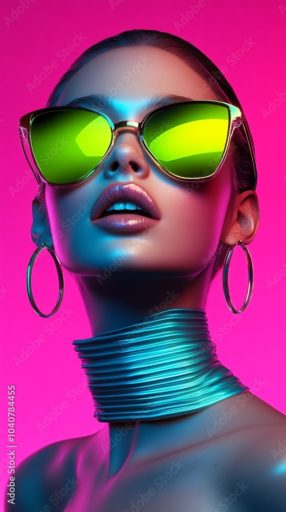 Close-up of a fashion model wearing blue sunglasses, against a pink background with neon lights. Close-up of a fashion model wearing blue sunglasses, against a pink background with neon lights.