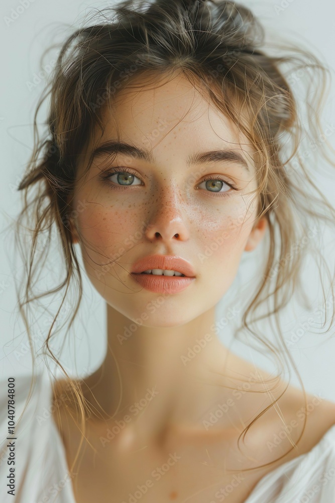 A woman with a messy bun and green eyes A woman with a messy bun and green eyes
