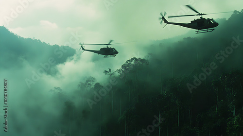 A pair of helicopters flying low over the jungle, extracting soldiers under enemy fire.


 photo