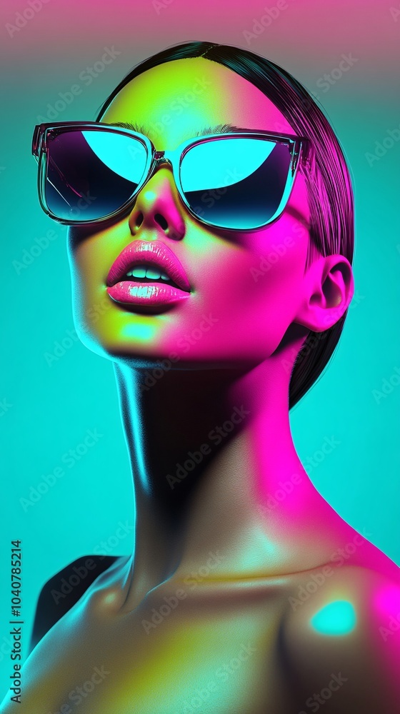 Close-up of a fashion model wearing blue sunglasses, against a pink background with neon lights. Close-up of a fashion model wearing blue sunglasses, against a pink background with neon lights.