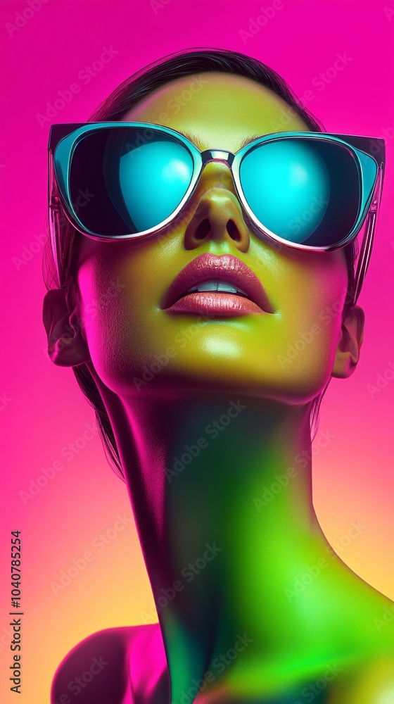Close-up of a fashion model wearing blue sunglasses, against a pink background with neon lights. Close-up of a fashion model wearing blue sunglasses, against a pink background with neon lights.