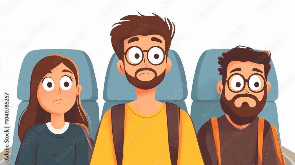 Traveler experiencing discomfort squeezed between two larger passengers in a narrow airplane row Traveler experiencing discomfort squeezed between two larger passengers in a narrow airplane row