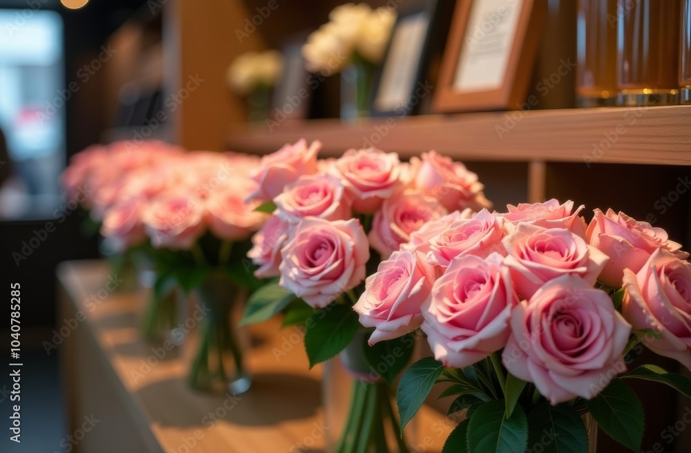Elegant display of pink roses arranged in vases at a modern floral shop during daylight