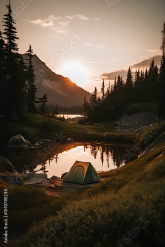 Camping on the shore of a lake in the mountains at sunset photo