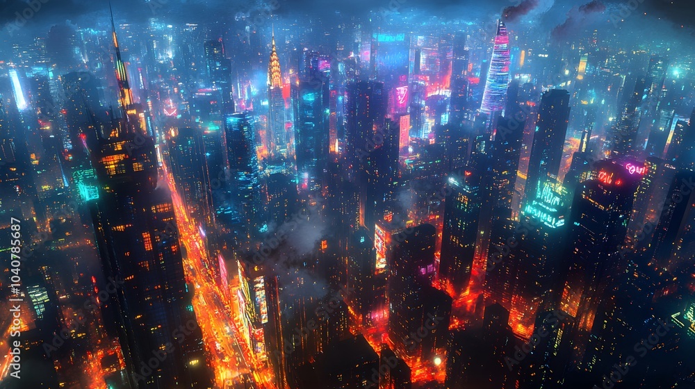 Glowing skyscrapers and neon-lit streets, with graffiti art illuminating the lower walls, all crafted in a vibrant, flowing watercolor city night scene Glowing skyscrapers and neon-lit streets, with graffiti art illuminating the lower walls, all crafted in a vibrant, flowing watercolor city night scene