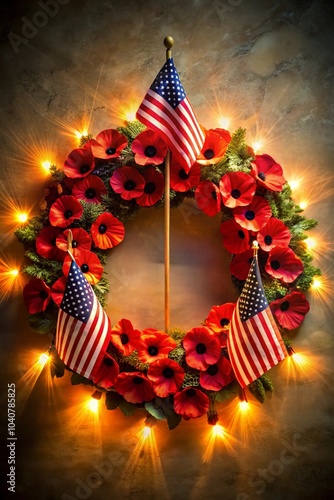 Wallpaper Mural Memorial Wreath with Poppies and American Flags Surrounded by Lights, Suitable for Wallpaper or Background Torontodigital.ca
