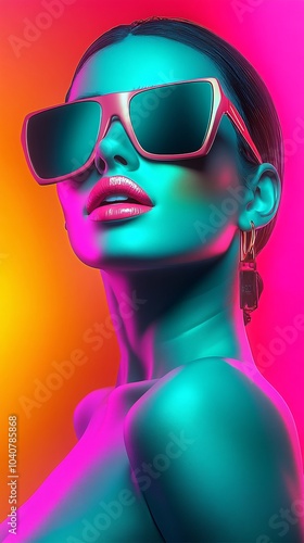 Close-up of a fashion model wearing blue sunglasses, against a pink background with neon lights. 