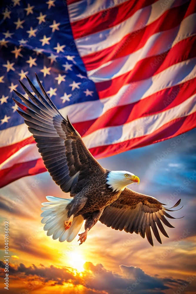 Fototapeta premium Bald Eagle Flying with USA Flag Backdrop and Sunset, Perfect for Wallpaper or Background