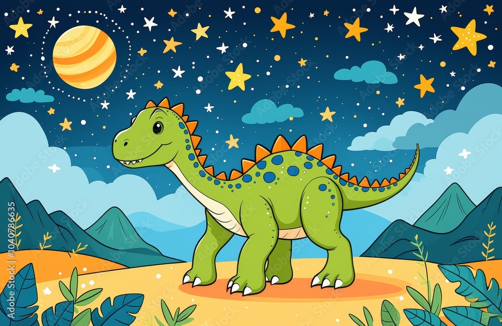 Fototapeta premium Hand-Drawn Cute Dinosaur Composition with Stars