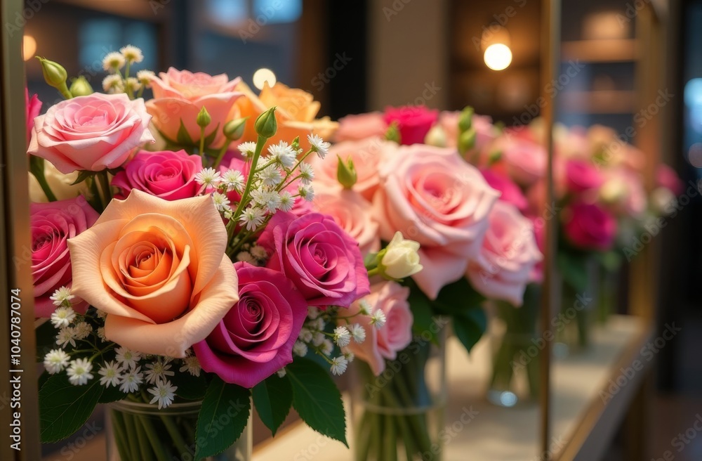 Obraz premium A vibrant display of colorful roses in glass vases at a floral shop during the daytime