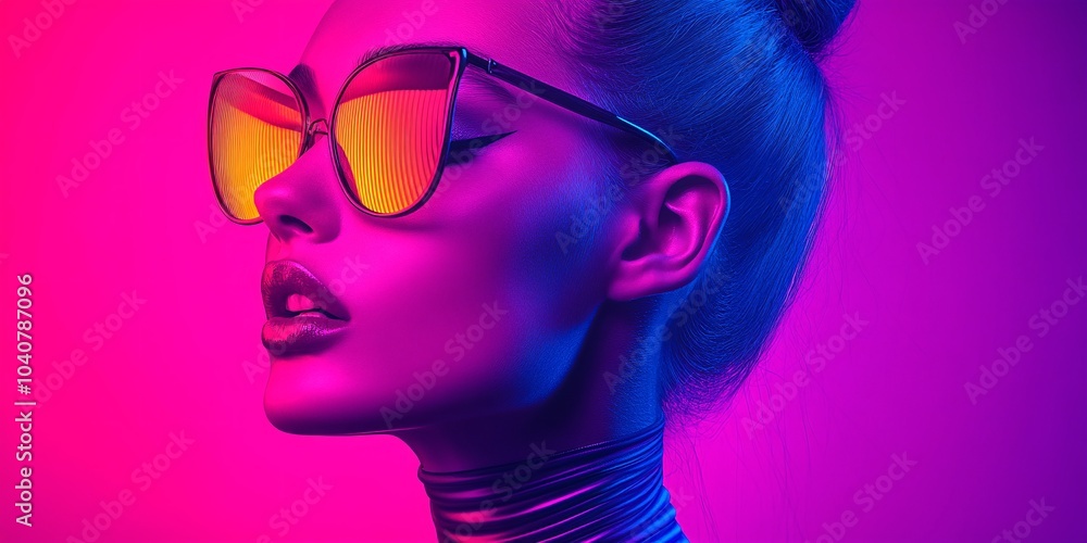 Vibrant female model wearing neon glasses, exuding confidence and style in the vibrant world of fashion photography. purple background. Vibrant female model wearing neon glasses, exuding confidence and style in the vibrant world of fashion photography. purple background.