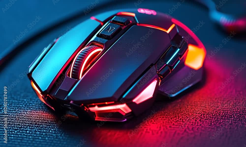 RGB gaming mouse with glowing lights on a dark background. RGB gaming mouse with glowing lights on a dark background.