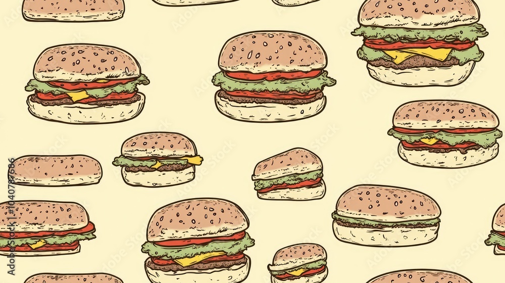 Seamless pattern with hand drawn burgers on a yellow background. Seamless pattern with hand drawn burgers on a yellow background.
