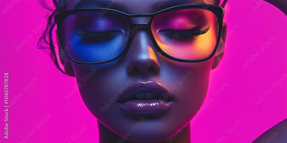 Vibrant female model wearing neon glasses, exuding confidence and style in the vibrant world of fashion photography. purple background. Vibrant female model wearing neon glasses, exuding confidence and style in the vibrant world of fashion photography. purple background.