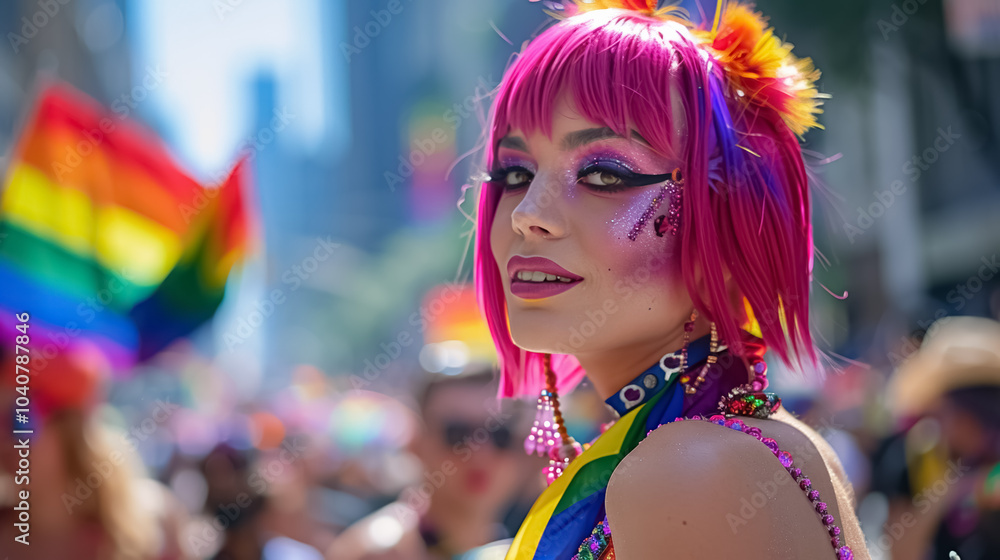 young queer woman with pink vibrant hair celebrating pride parade, gay or lesbian person with rainbow colors signs and vivid makeup young queer woman with pink vibrant hair celebrating pride parade, gay or lesbian person with rainbow colors signs and vivid makeup