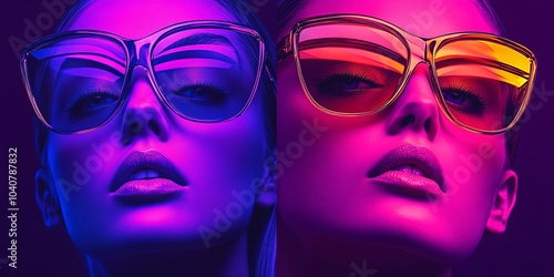 Vibrant female model wearing neon glasses, exuding confidence and style in the vibrant world of fashion photography. purple background. 