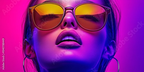 Vibrant female model wearing neon glasses, exuding confidence and style in the vibrant world of fashion photography. purple background. 