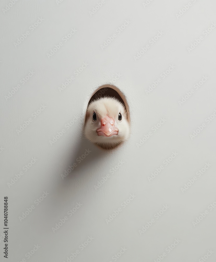 Duckling peeking through a small hole in a white wall Duckling peeking through a small hole in a white wall