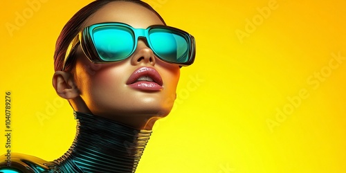 A fashion model wears sleek, neon blue sunglasses against an illuminated yellow background. She has glossy lipstick and wears black latex attire. The style is futuristic and high-fashion, 