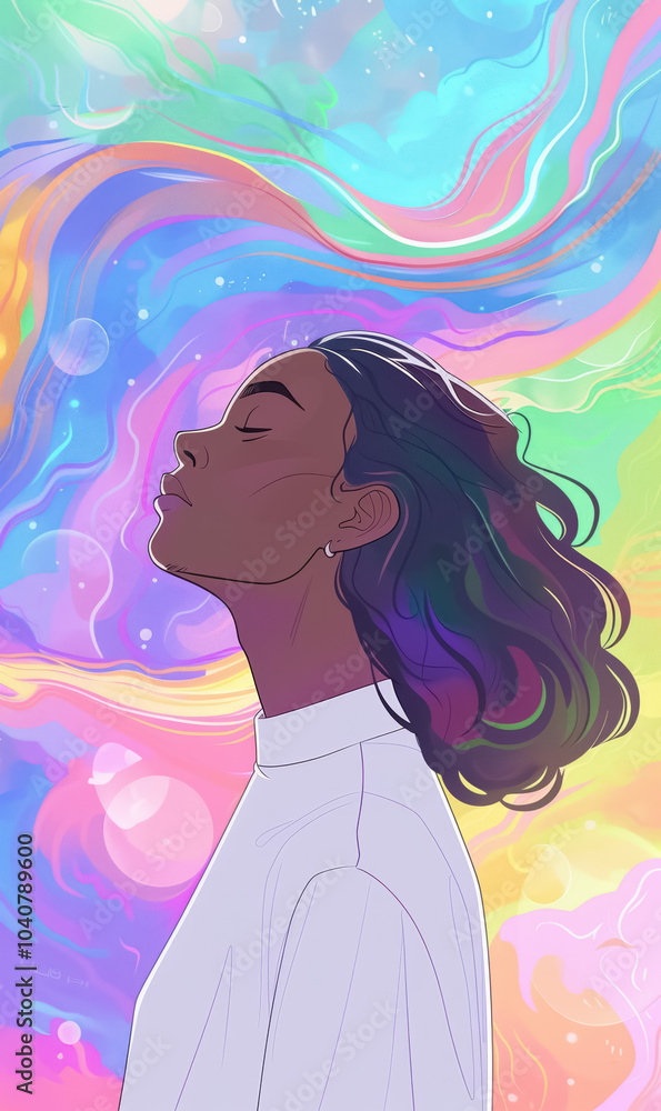 peaceful silhouette of woman with closed eyes, her profile illuminated by rainbow waves in sunset-like gradient, calmness, beauty, and self-reflection peaceful silhouette of woman with closed eyes, her profile illuminated by rainbow waves in sunset-like gradient, calmness, beauty, and self-reflection