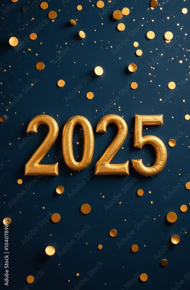 Naklejka premium Golden 2025 numbers surrounded by shimmering circles on a dark background celebrating the upcoming New Year