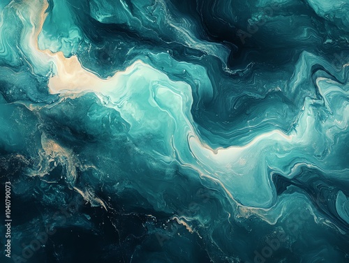 Abstract swirling teal and gold paint background.