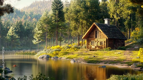 Wallpaper Mural Cabin by the Lake in a Lush Forest Torontodigital.ca