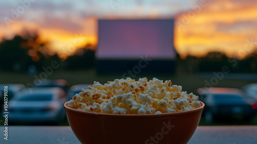 Close-up of a bowl of popcorn at an outdoor drive-in movie theater during sunset, with cars parked and a brightly lit screen in the background photo