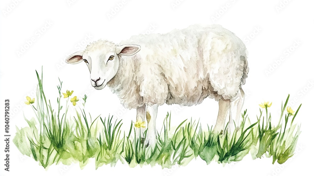 Obraz premium A grazing sheep surrounded by lush green grass in a serene countryside landscape
