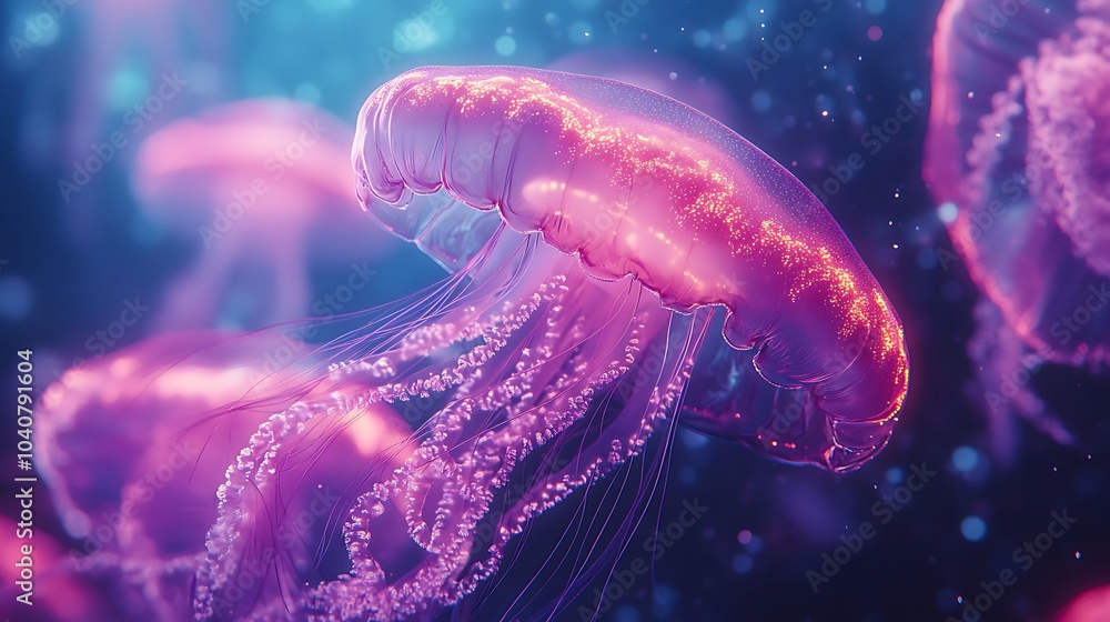 Fototapeta premium Jellyfish in ocean colorful abstract neon light in realistic image