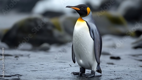 King penguin strolling along the beach in its natural habitat with a blurred background
