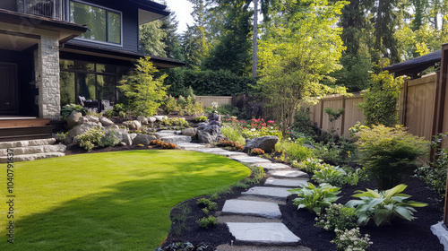 Landscaping services transforming a backyard into a beautiful outdoor space with lush greenery, flower beds, and artistic pathways