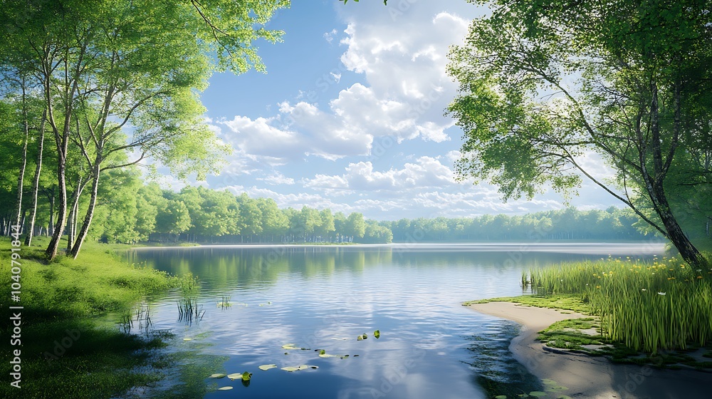 Naklejka premium Scenic illustration of a lush green forest and serene lake on a sunny morning