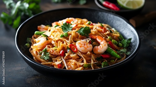 Shrimp Pad Thai on a plate with noodles and lemon, set against a black background