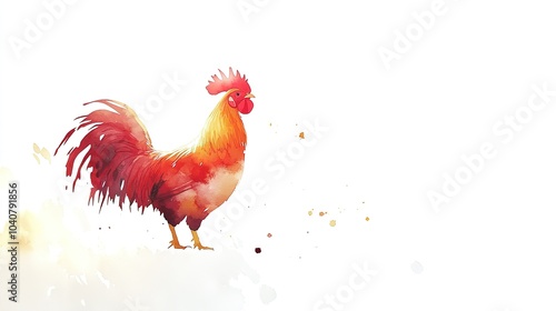 A colorful rooster stands proudly on a hill at sunrise, showcasing vibrant feathers and a picturesque backdrop of a rising sun