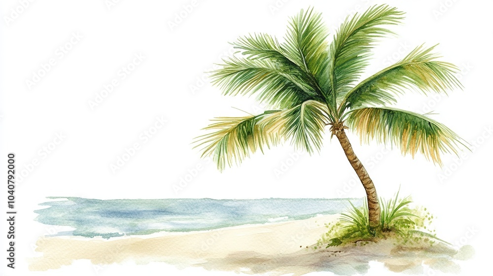Obraz premium Tropical palm tree swaying gently by the shoreline under a bright blue sky with white clouds in a serene beach setting