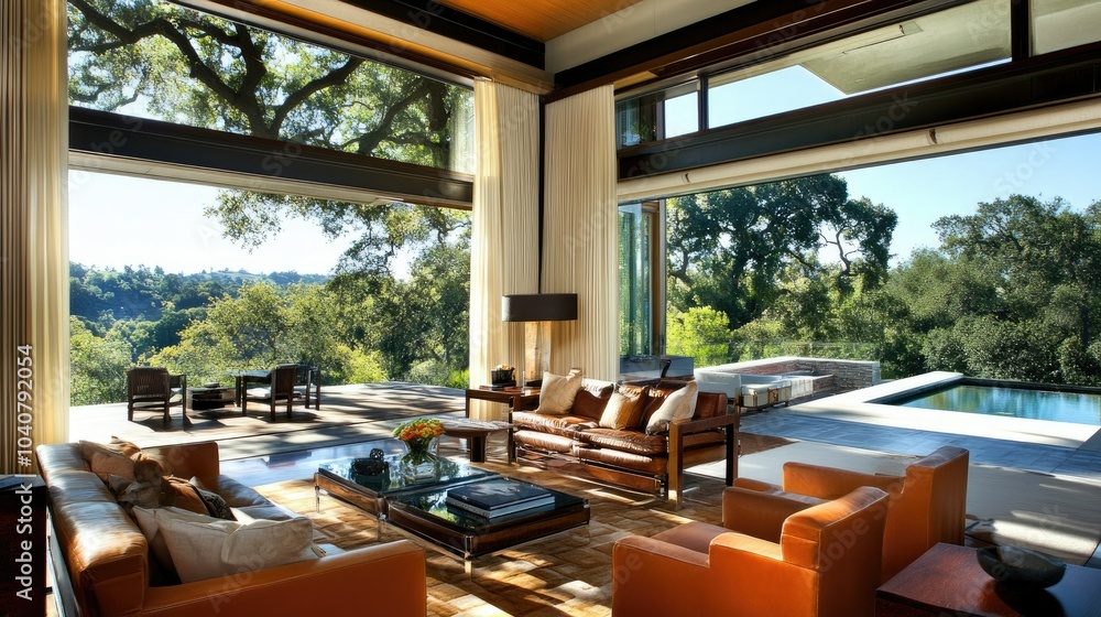 Fototapeta premium Modern Living Room with Floor to Ceiling Windows