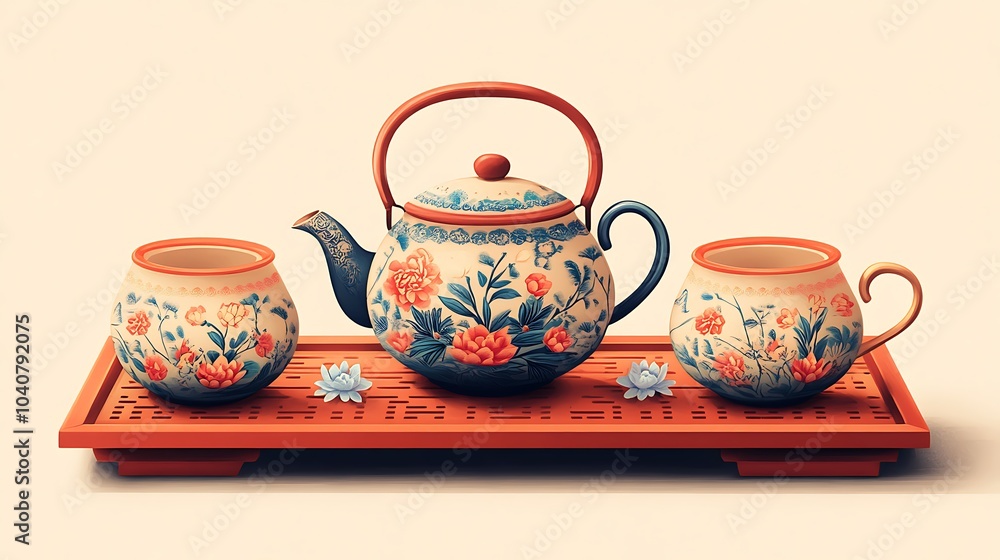 Traditional teapot and four cups on a table illustration of chinese tea set Traditional teapot and four cups on a table illustration of chinese tea set