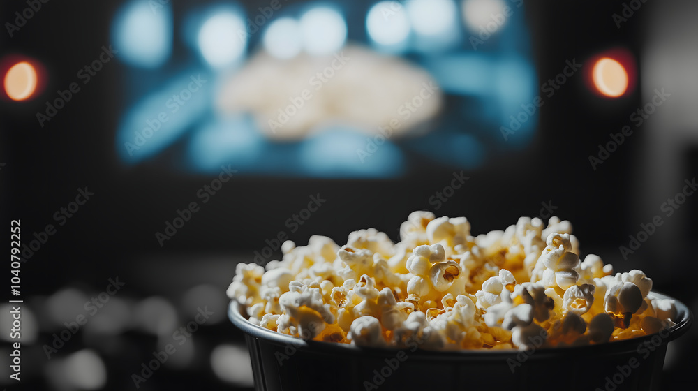 Close-up of a bucket of fresh, buttery popcorn in a dimly lit movie theater, with a blurred cinema screen and empty seats in the background Close-up of a bucket of fresh, buttery popcorn in a dimly lit movie theater, with a blurred cinema screen and empty seats in the background